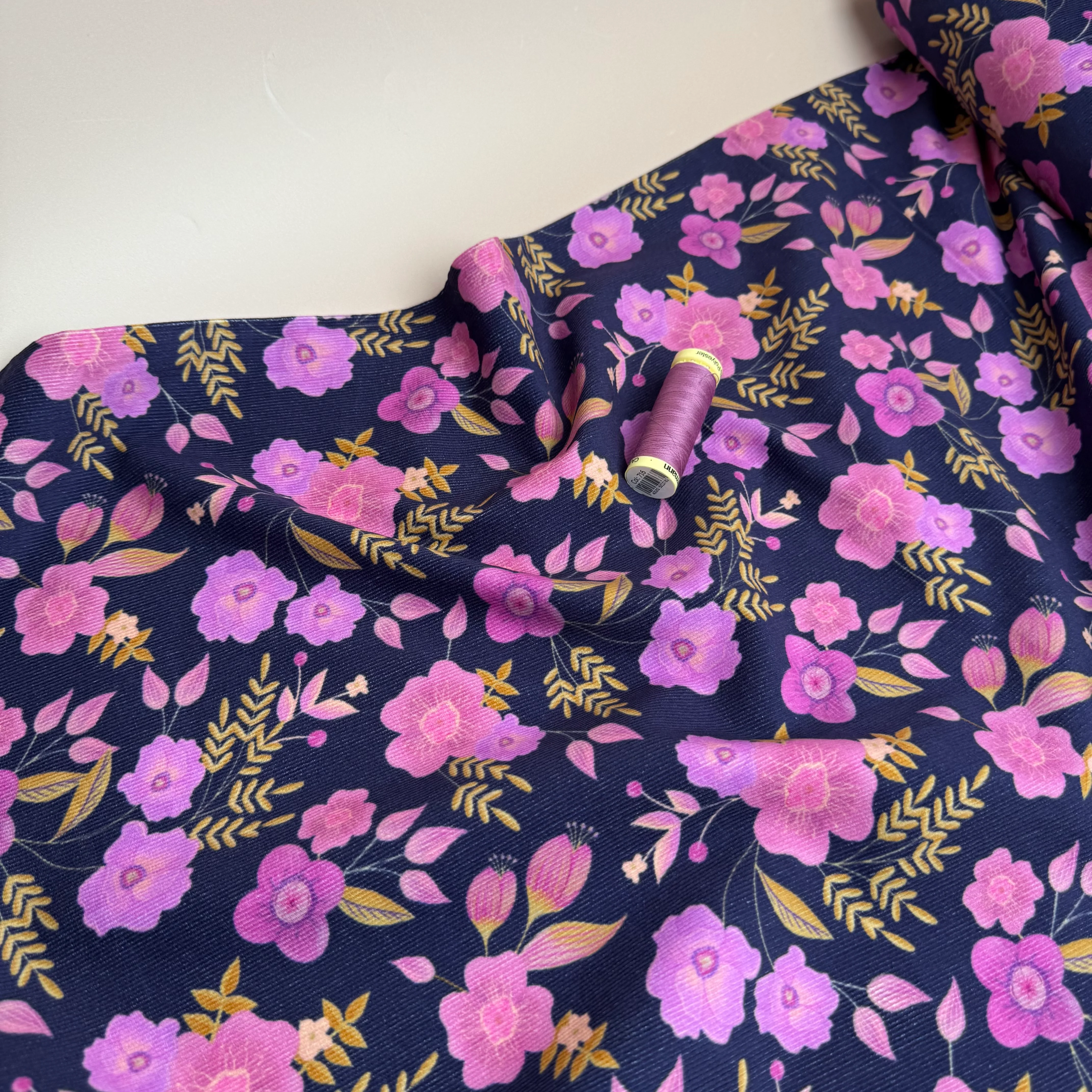 Pink Flowers on Navy Cotton Needlecord - Image 2