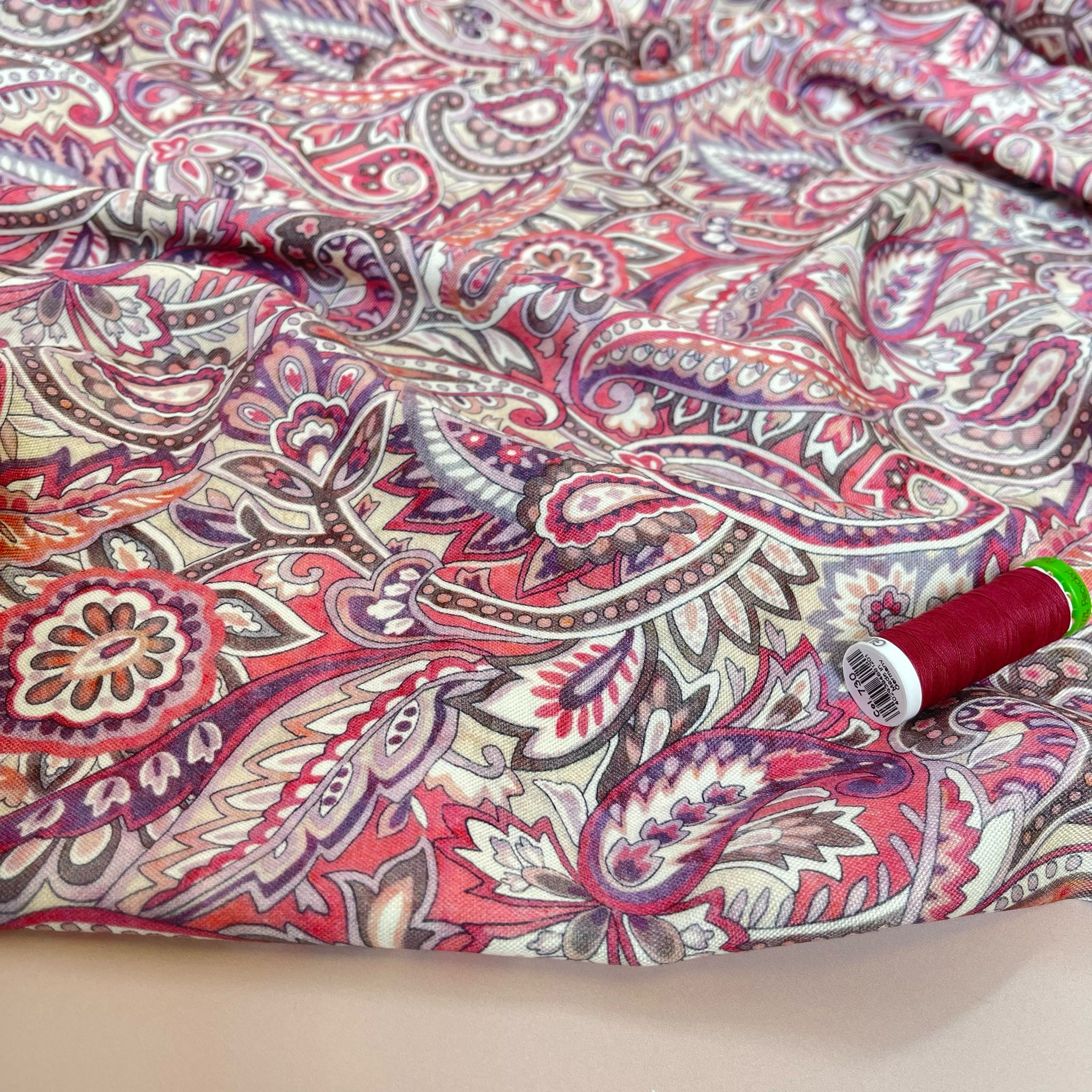Pink Paisley Viscose Linen Fabric - Image 3