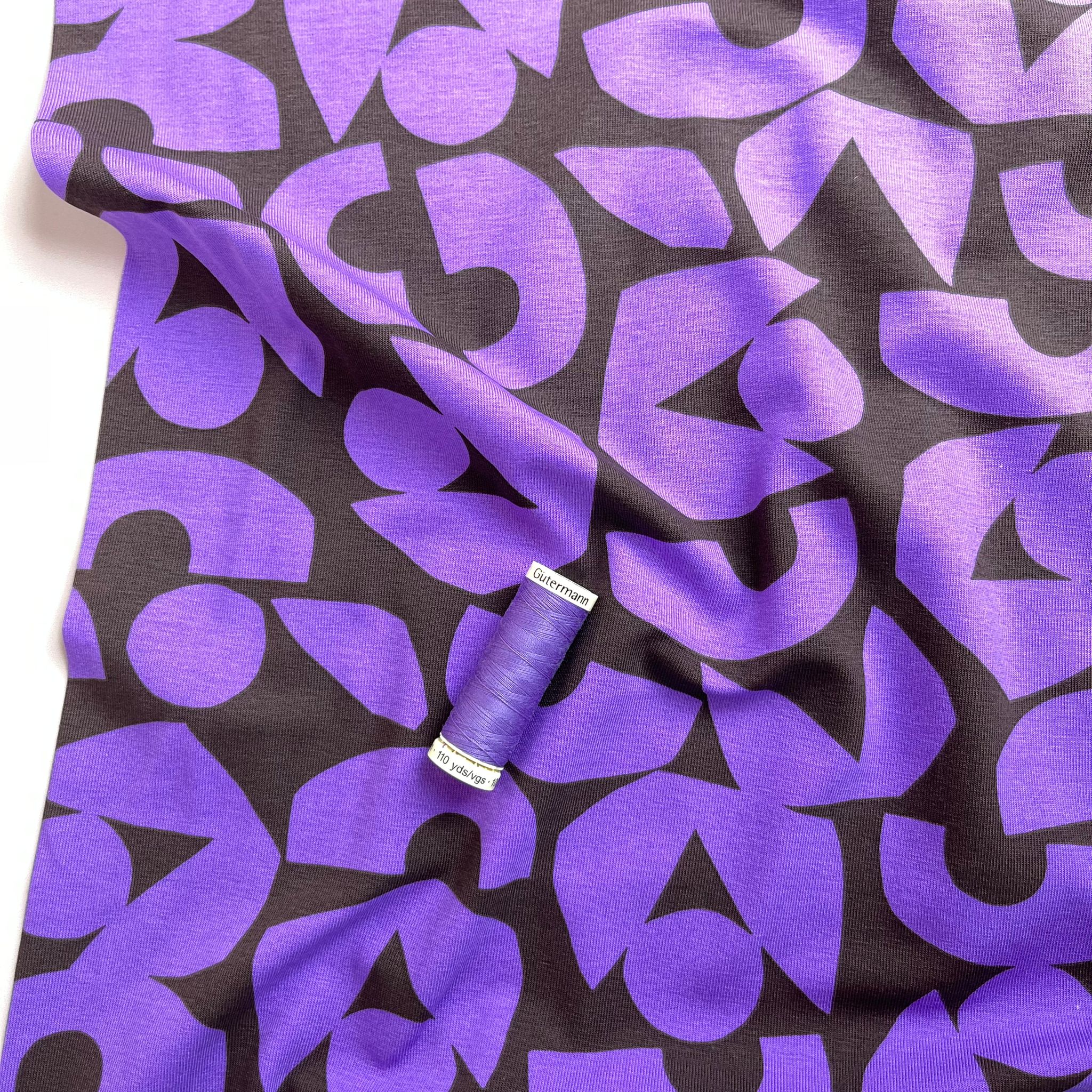 Purple Shapes on Brown Combed Cotton Jersey Fabric - Image 4