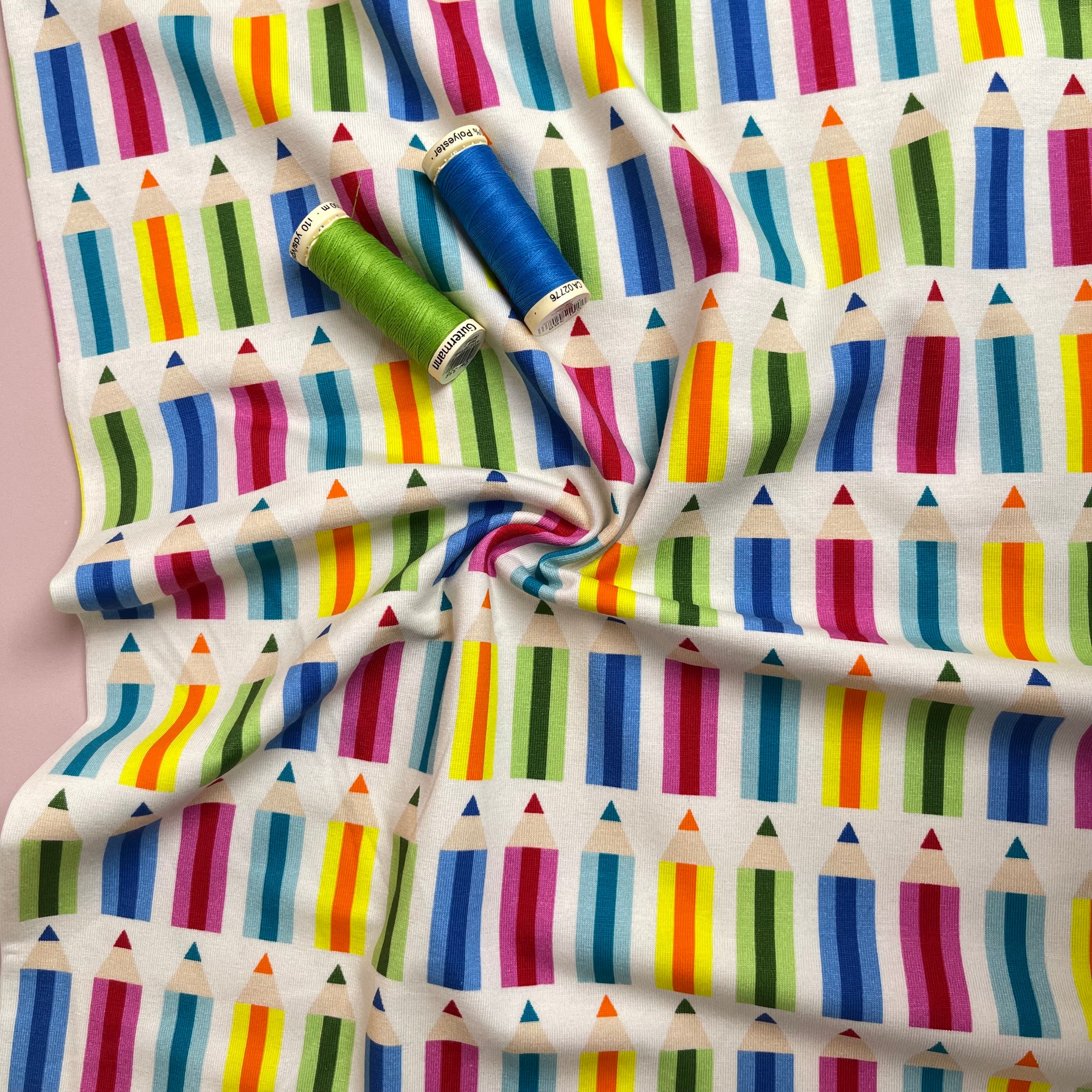 Rainbow Pencils on White Cotton Jersey Fabric - Image 3