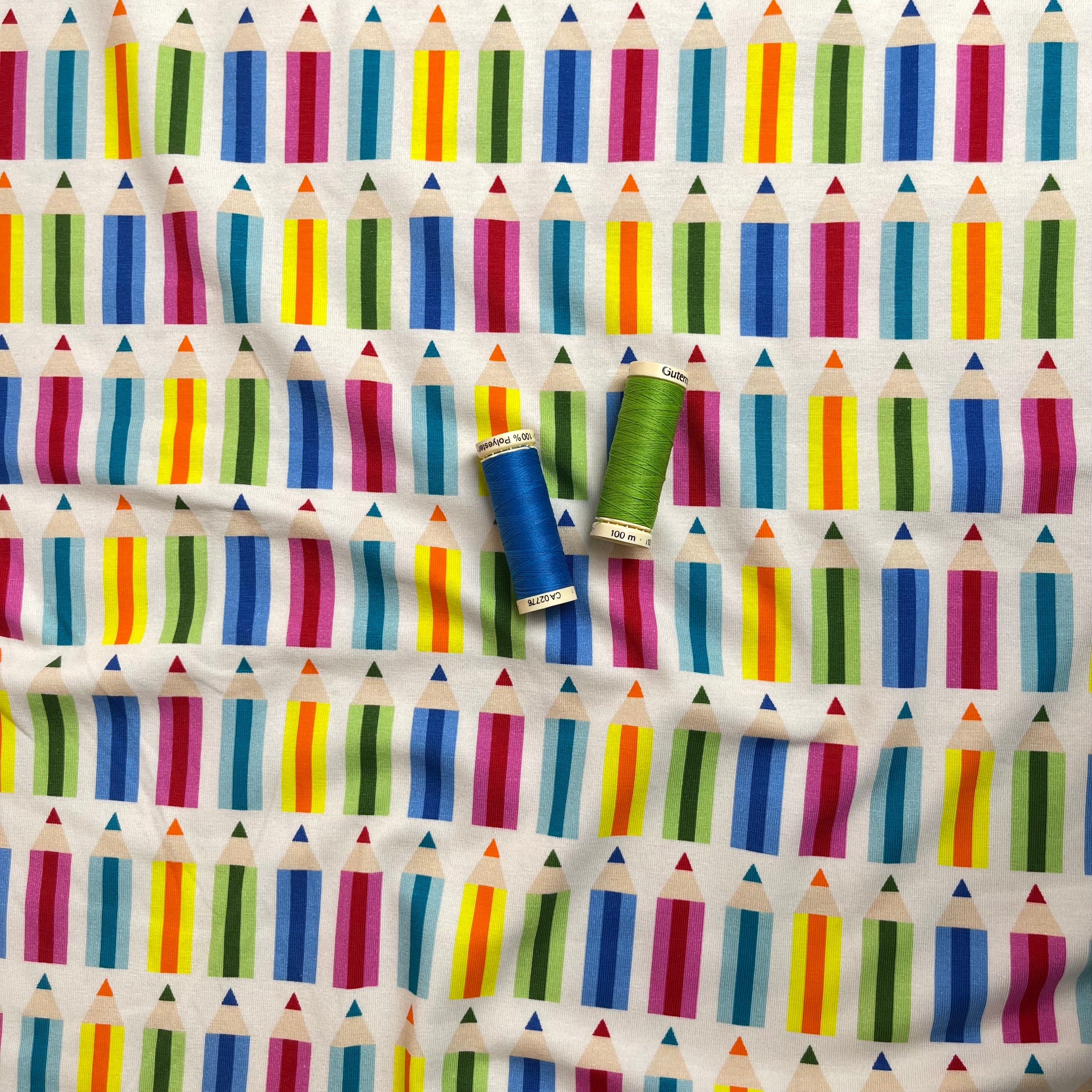 Rainbow Pencils on White Cotton Jersey Fabric - Image 4