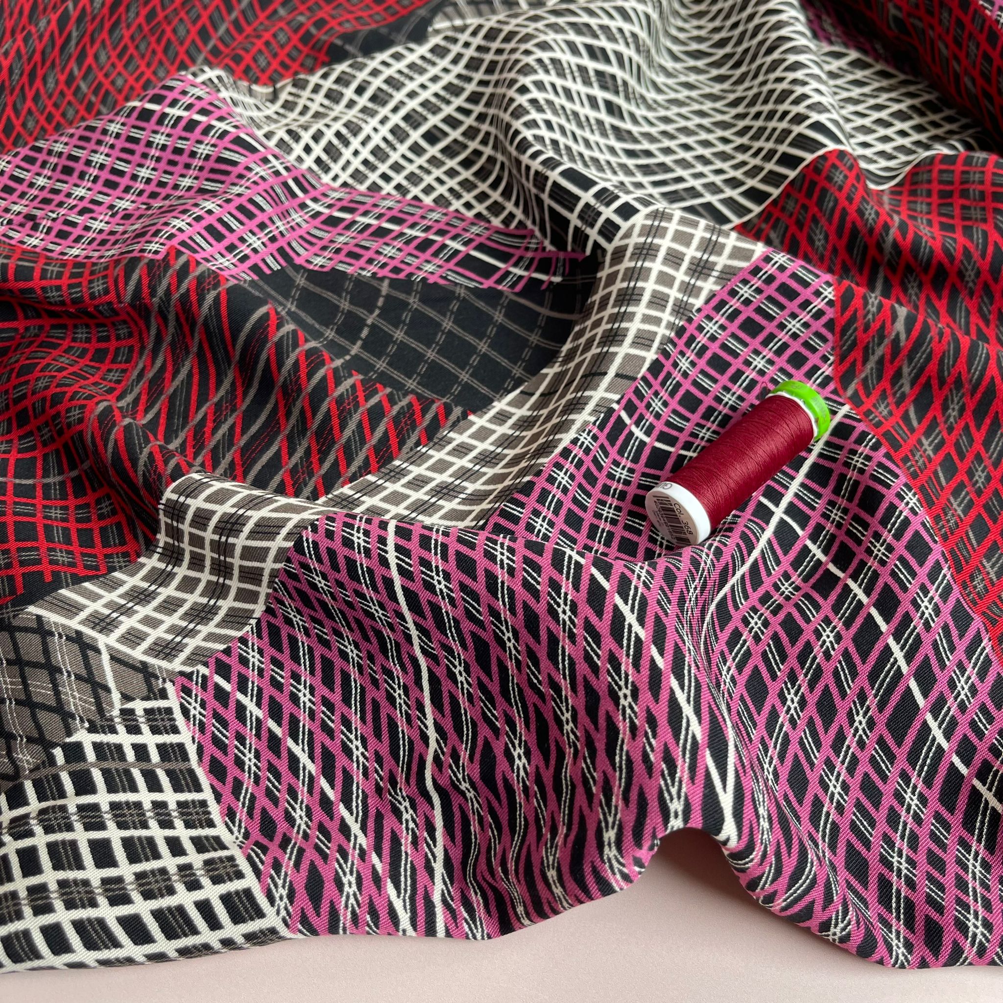 Red and Pink Abstract Grids Viscose Twill Fabric - Image 3