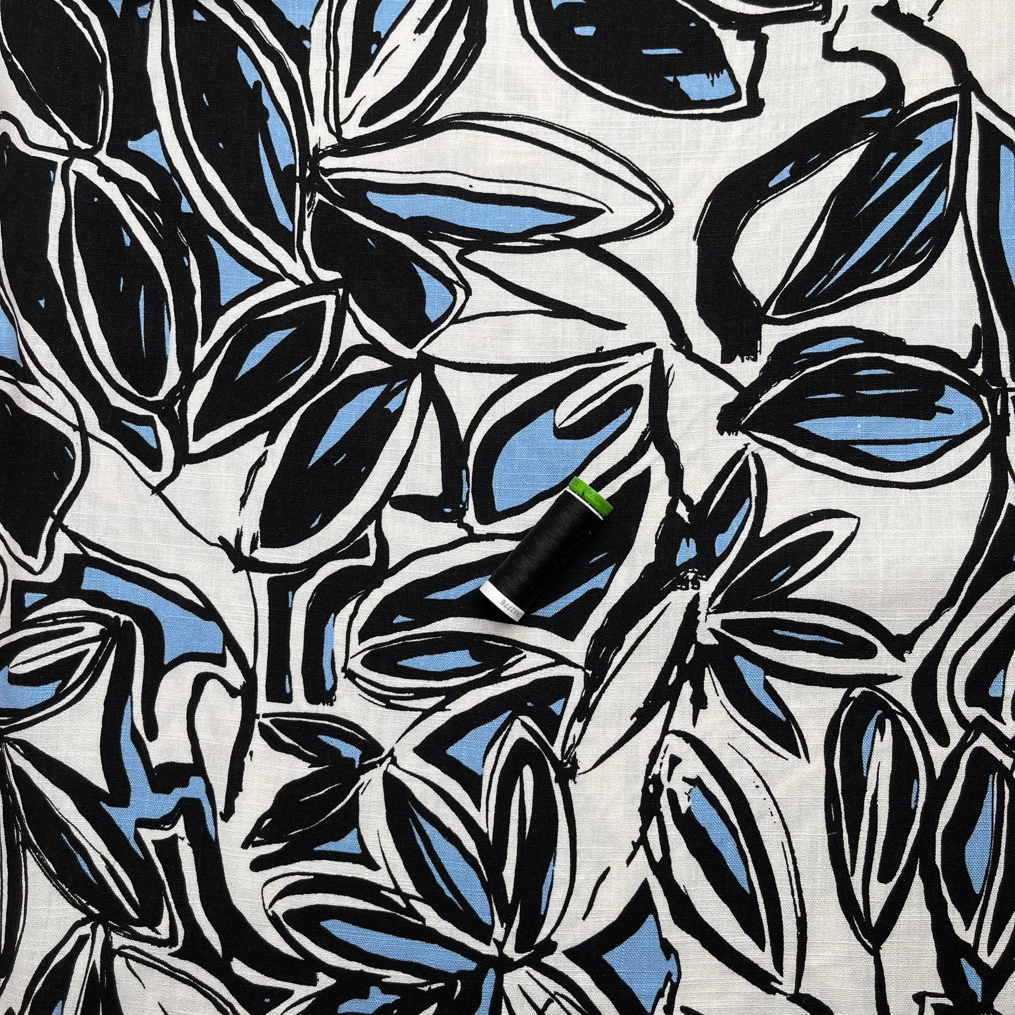 REMNANT 0.42 Metre - Abstract Foliage Sky Blue Linen Viscose Blend Fabric - Image 2
