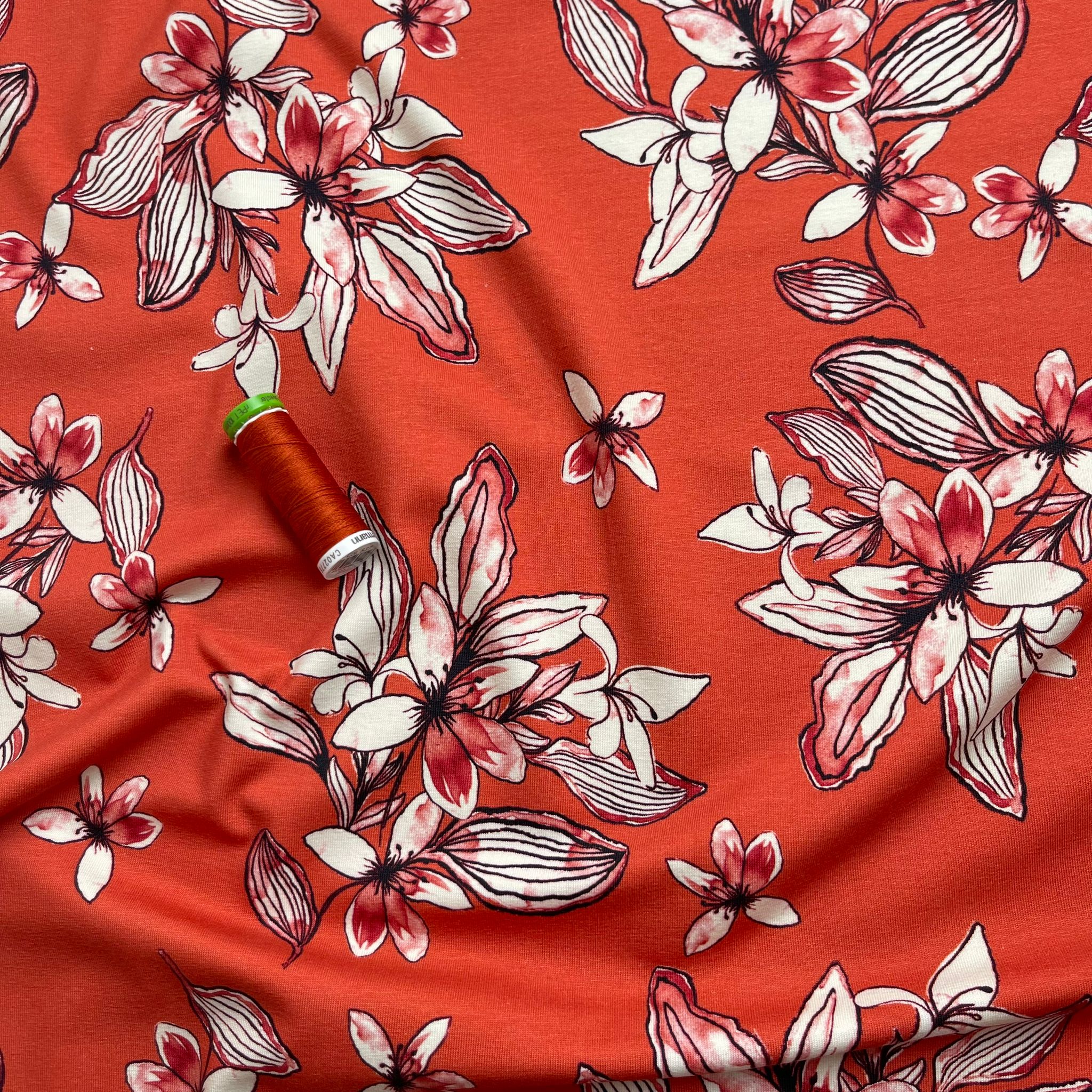 REMNANT 2.77 Metres - Danish Design - Watercolour Blossoms on Rust Cotton Jersey Fabric - Image 7