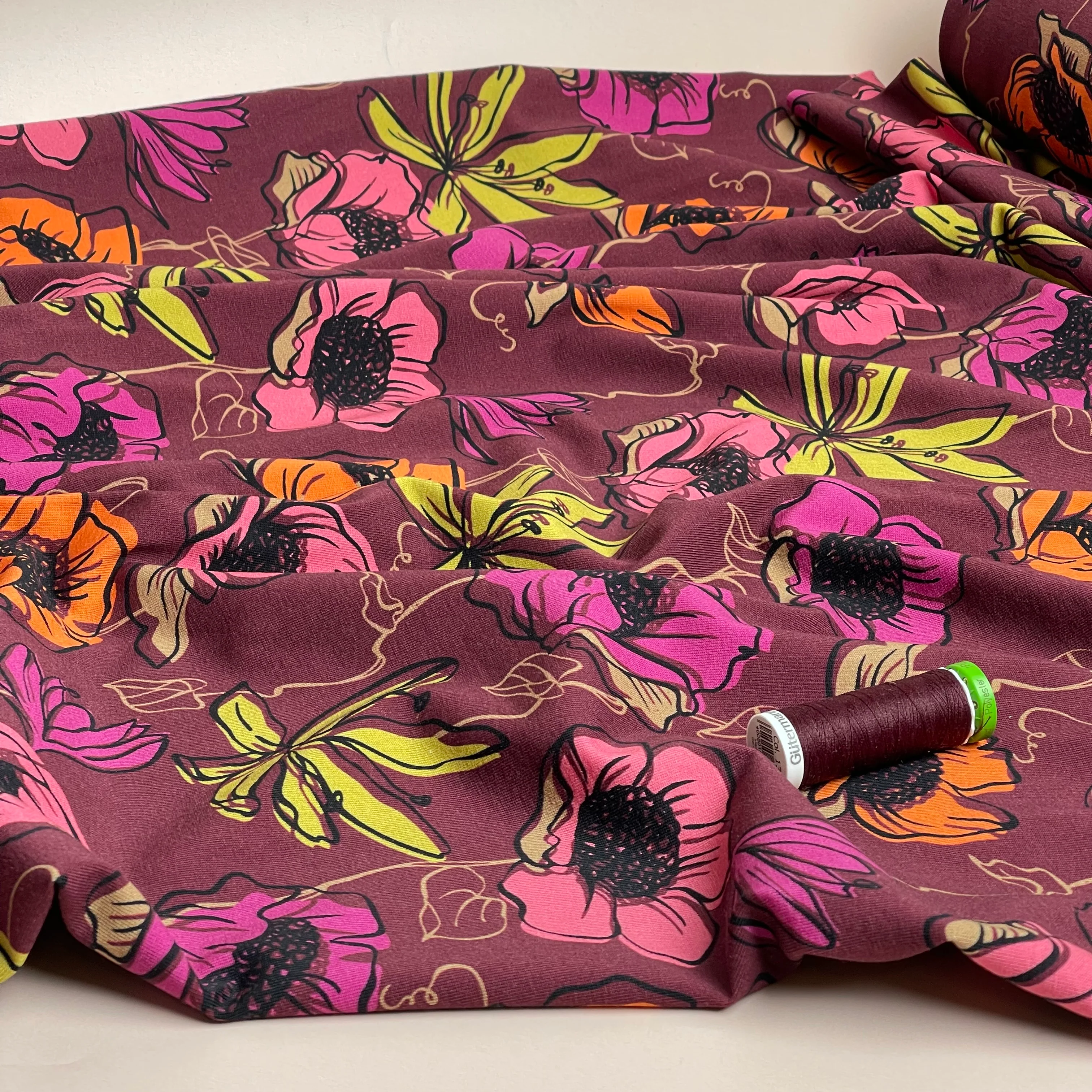 Danish Design - Autumn Blooms on Burgundy Cotton Jersey - Image 2