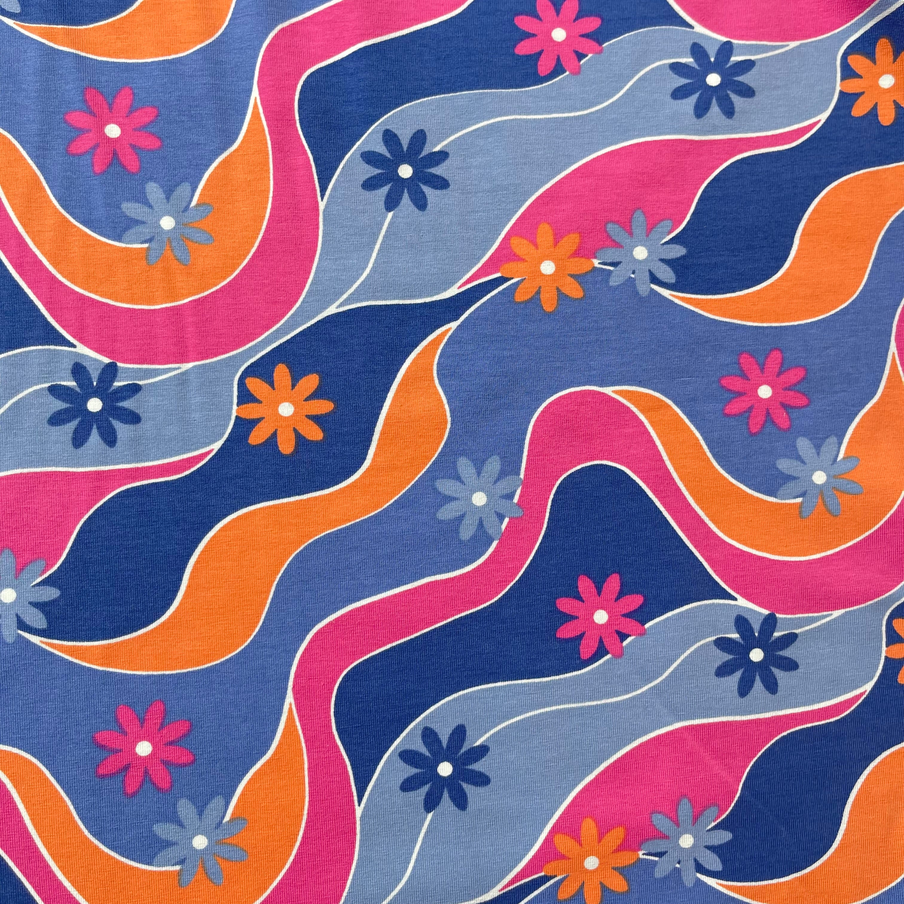 Retro Daisies on Blue Cotton Jersey Fabric - Image 2