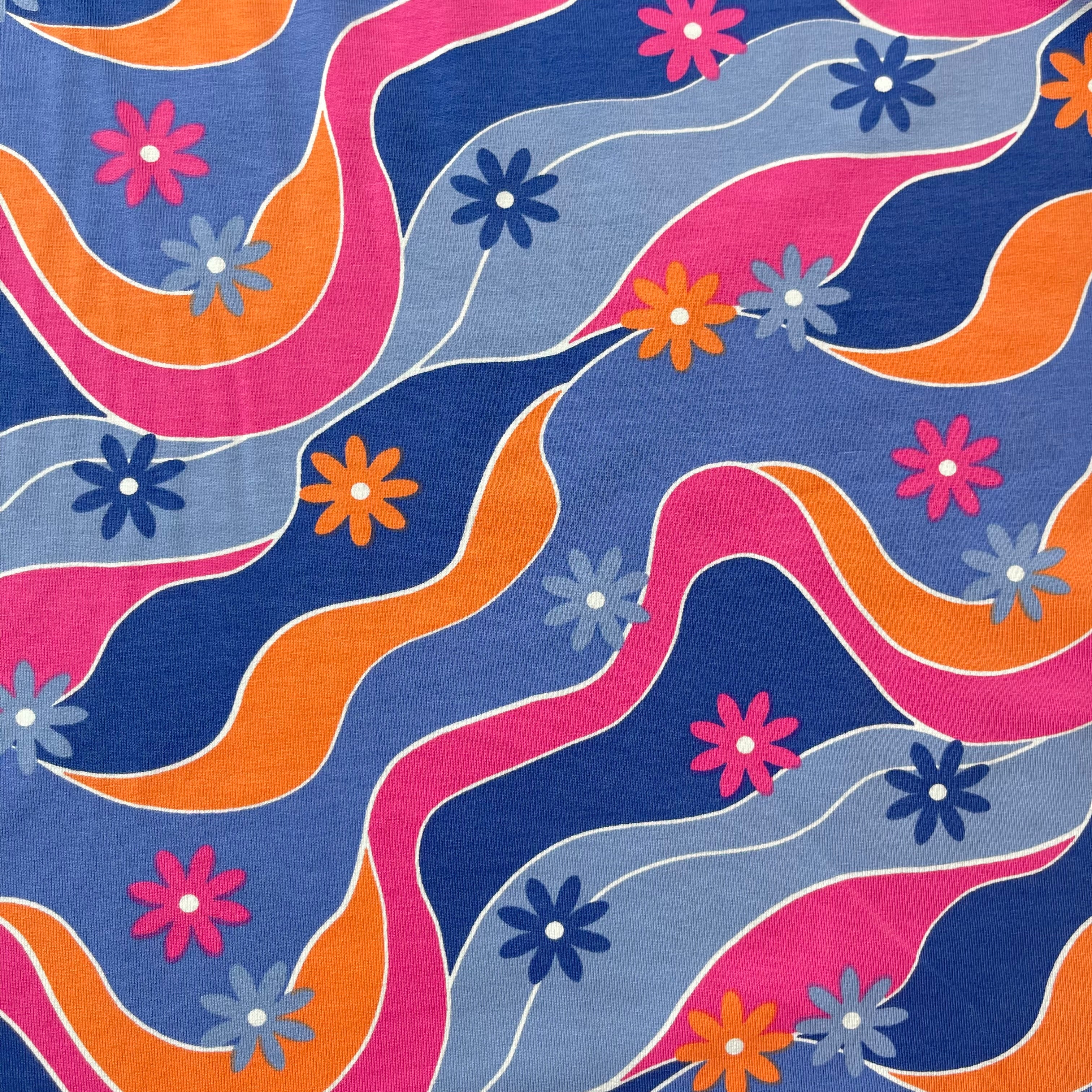Retro Daisies on Blue Cotton Jersey Fabric - Image 5