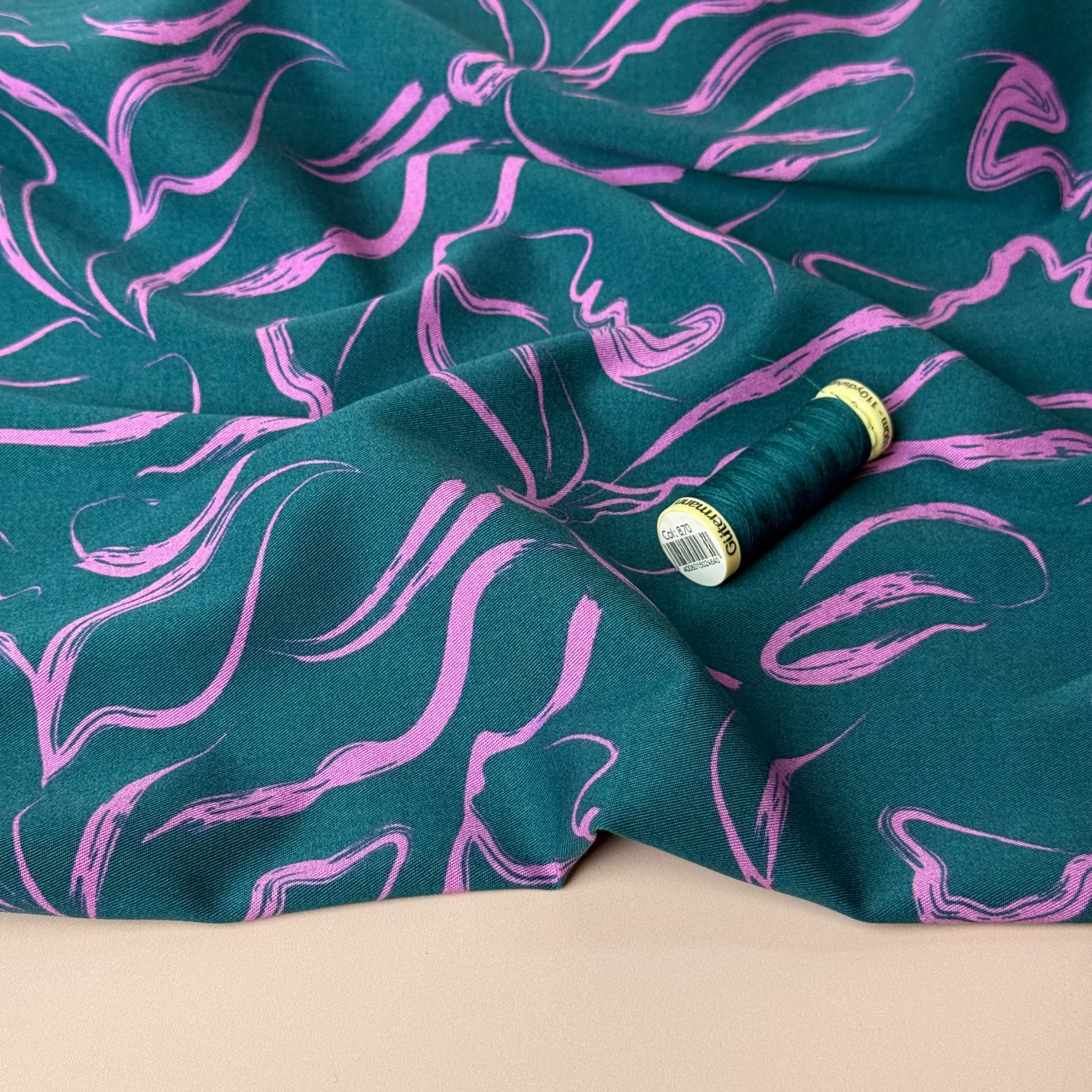 REMNANT 0.6 Metre - Rosella Pink Swirls on Teal Viscose Twill with Stretch - Image 2