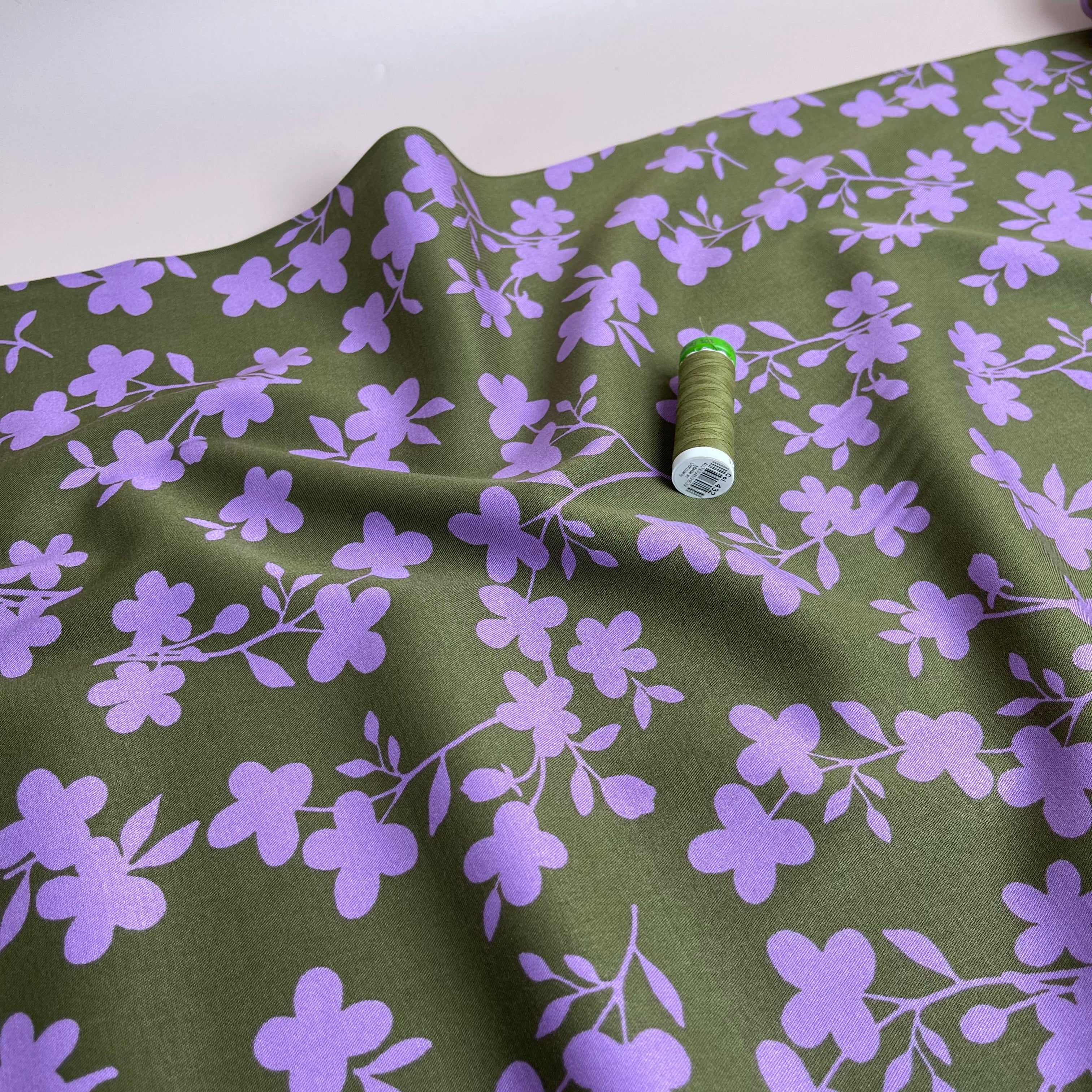 Rosella Shadow Flowers Khaki Viscose Twill with Stretch - Image 8