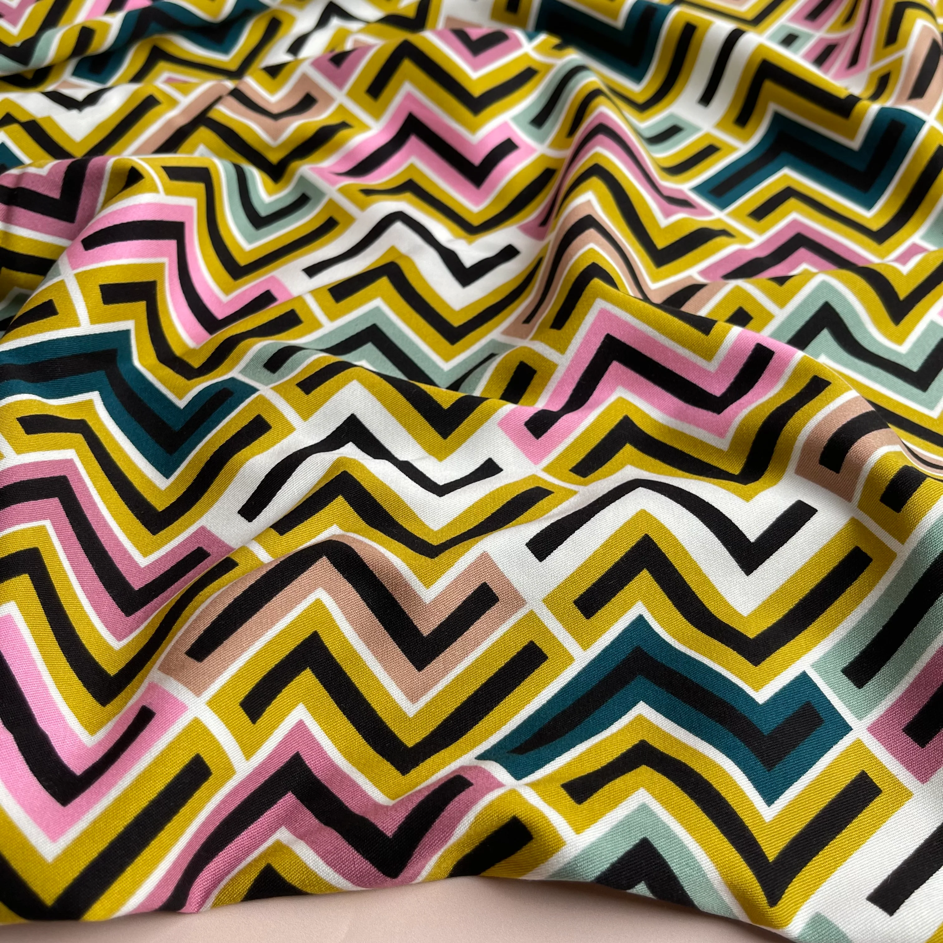 REMNANT 2.62 Metres - Rosella Zigzags Green Viscose Twill with Stretch - Image 6