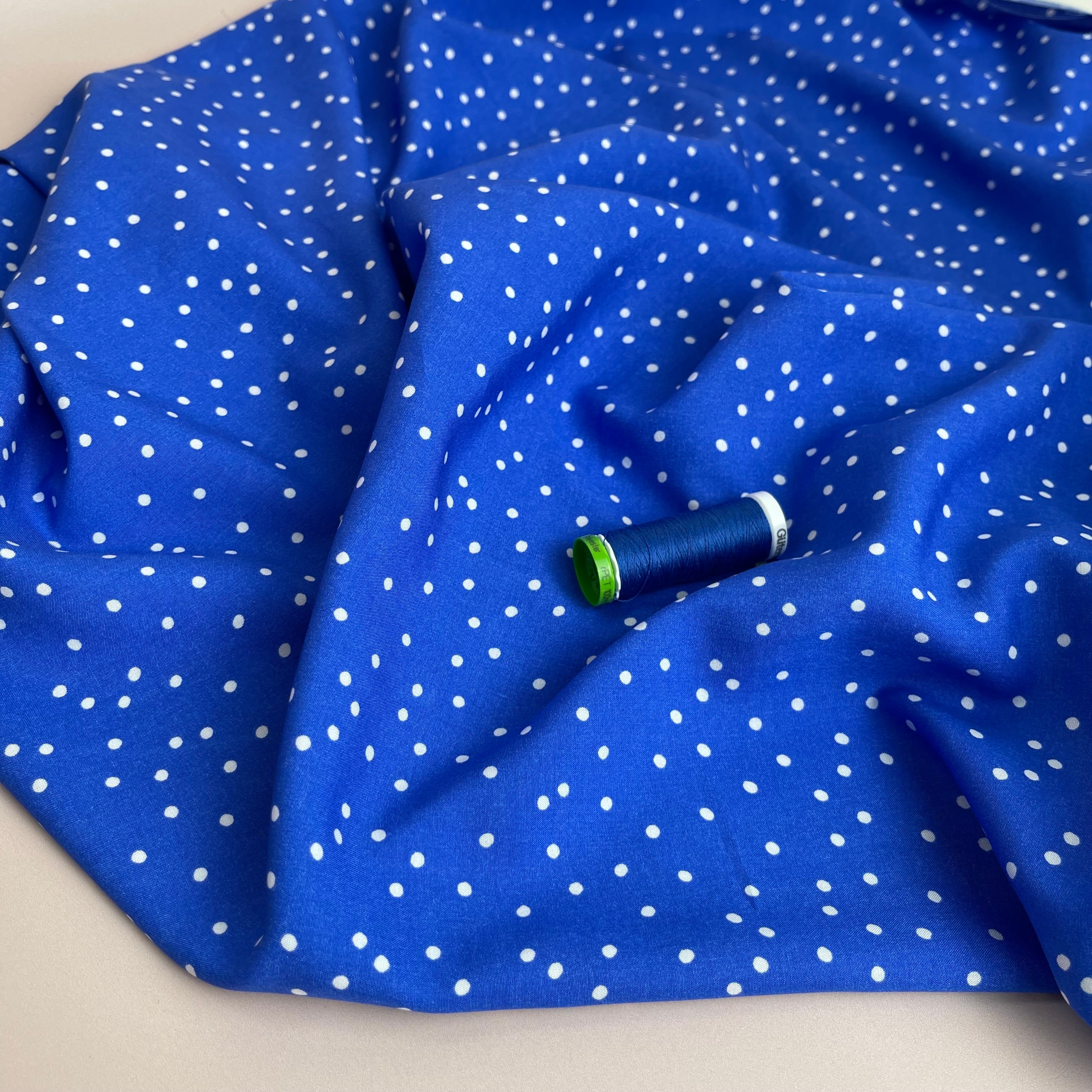 REMNANT 0.44 Metre (plus free section with fault) Snow Dots Victoria Blue Viscose / Rayon Fabric