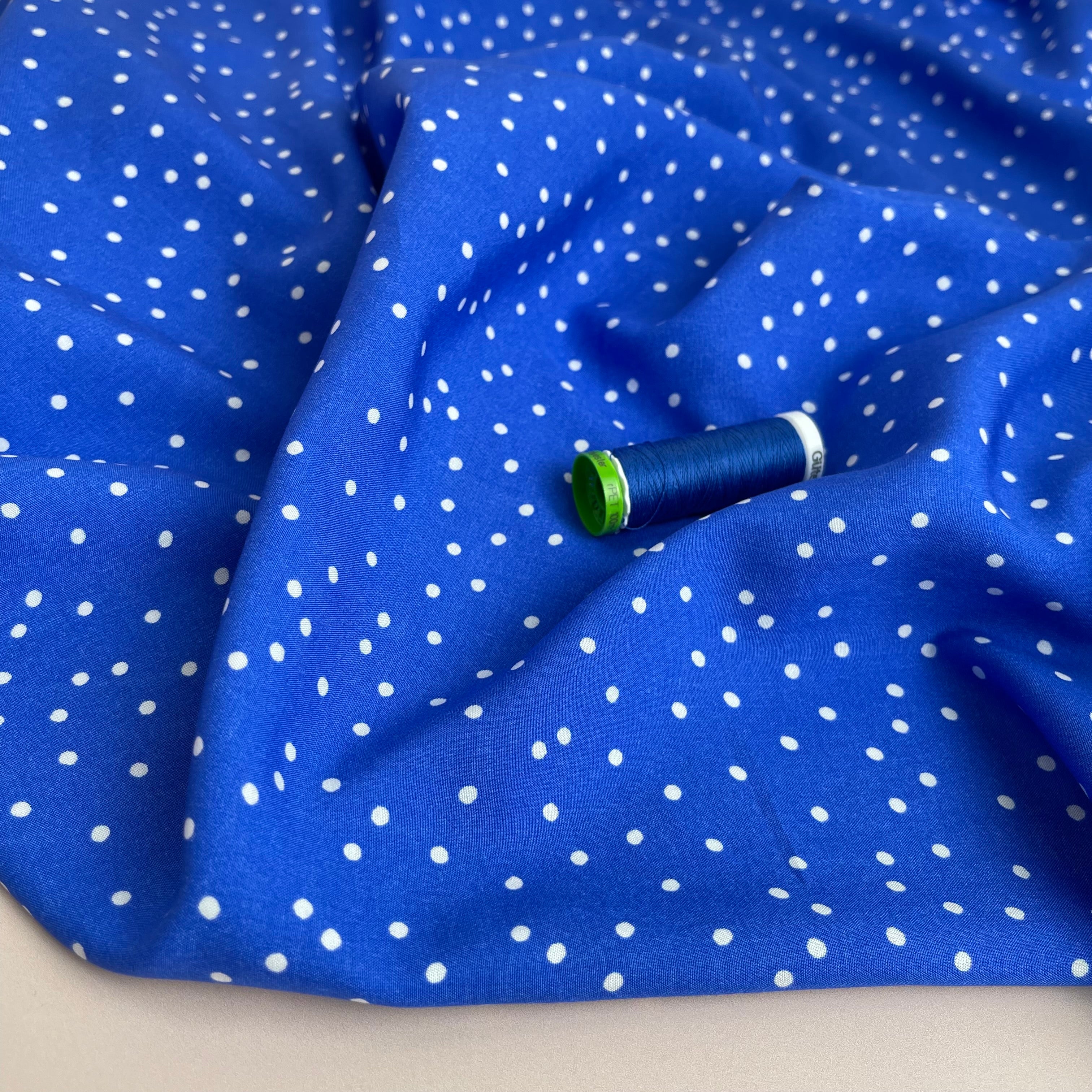 REMNANT 0.44 Metre (plus free section with fault) Snow Dots Victoria Blue Viscose / Rayon Fabric - Image 6