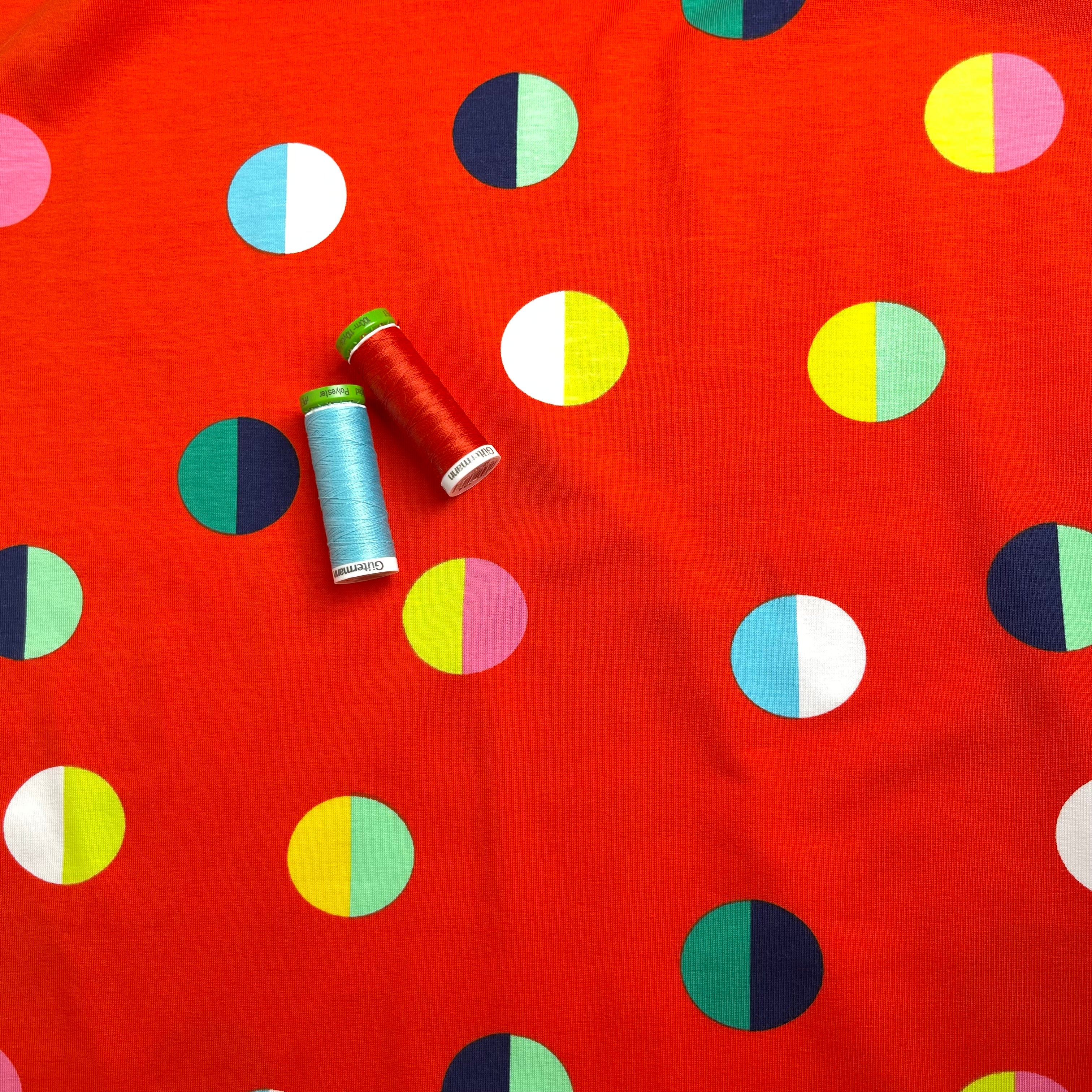 Split Circles on Red Cotton Jersey Fabric - Image 4