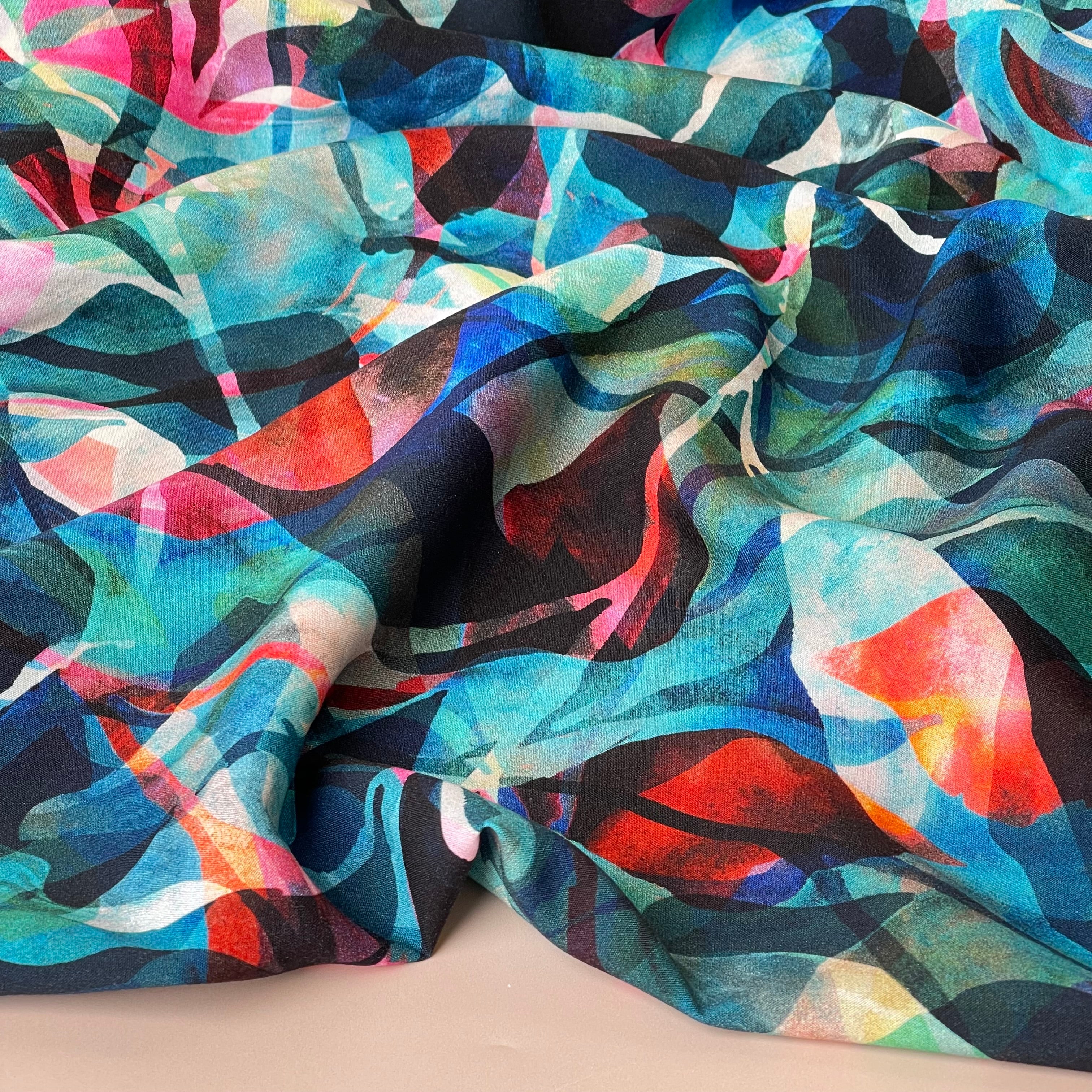 Summer Party - Painted Foliage Teal Viscose Fabric - Image 7