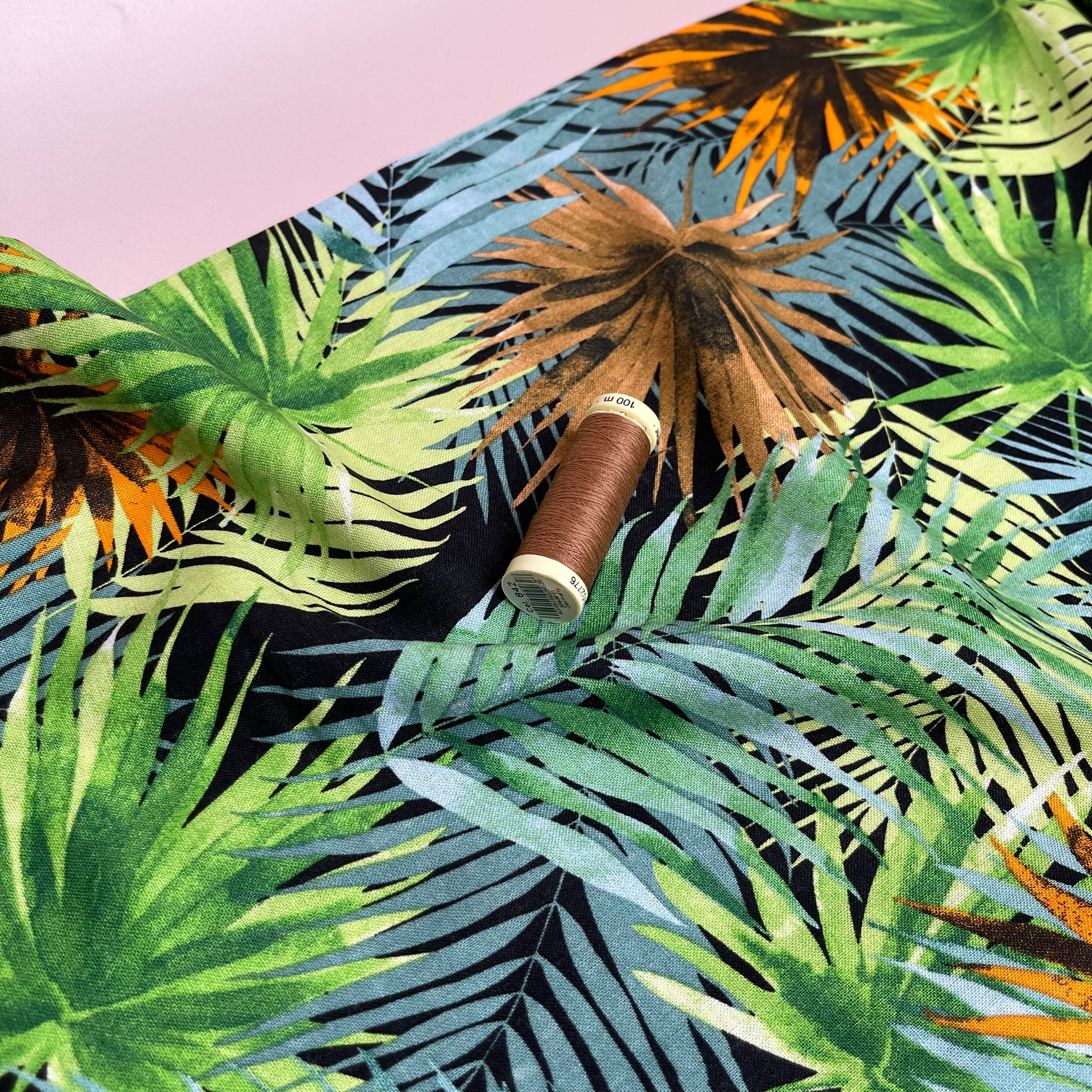 Tropical Fan Leaves in Green Viscose Linen Blend Fabric - Image 2