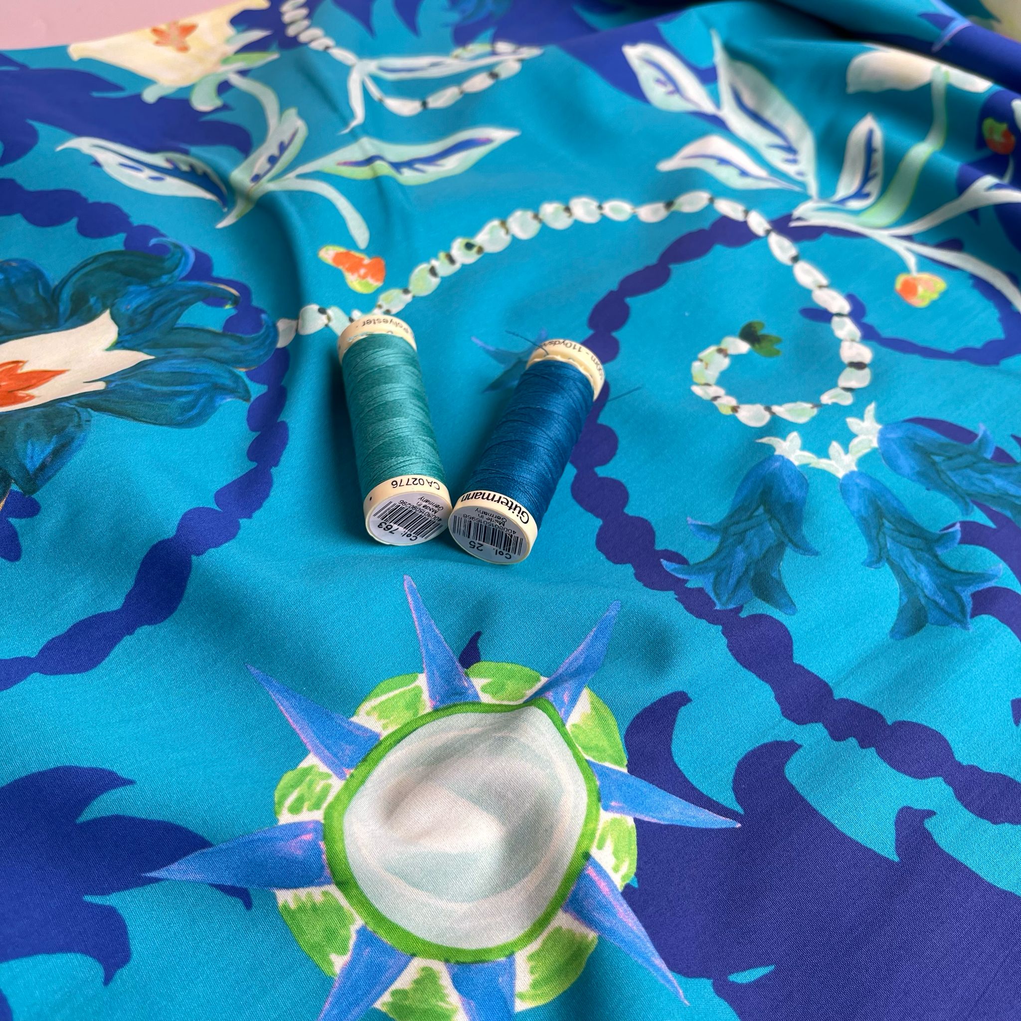 Ex-Designer Deadstock Tropical Turquoise Cotton Poplin Fabric - Image 5
