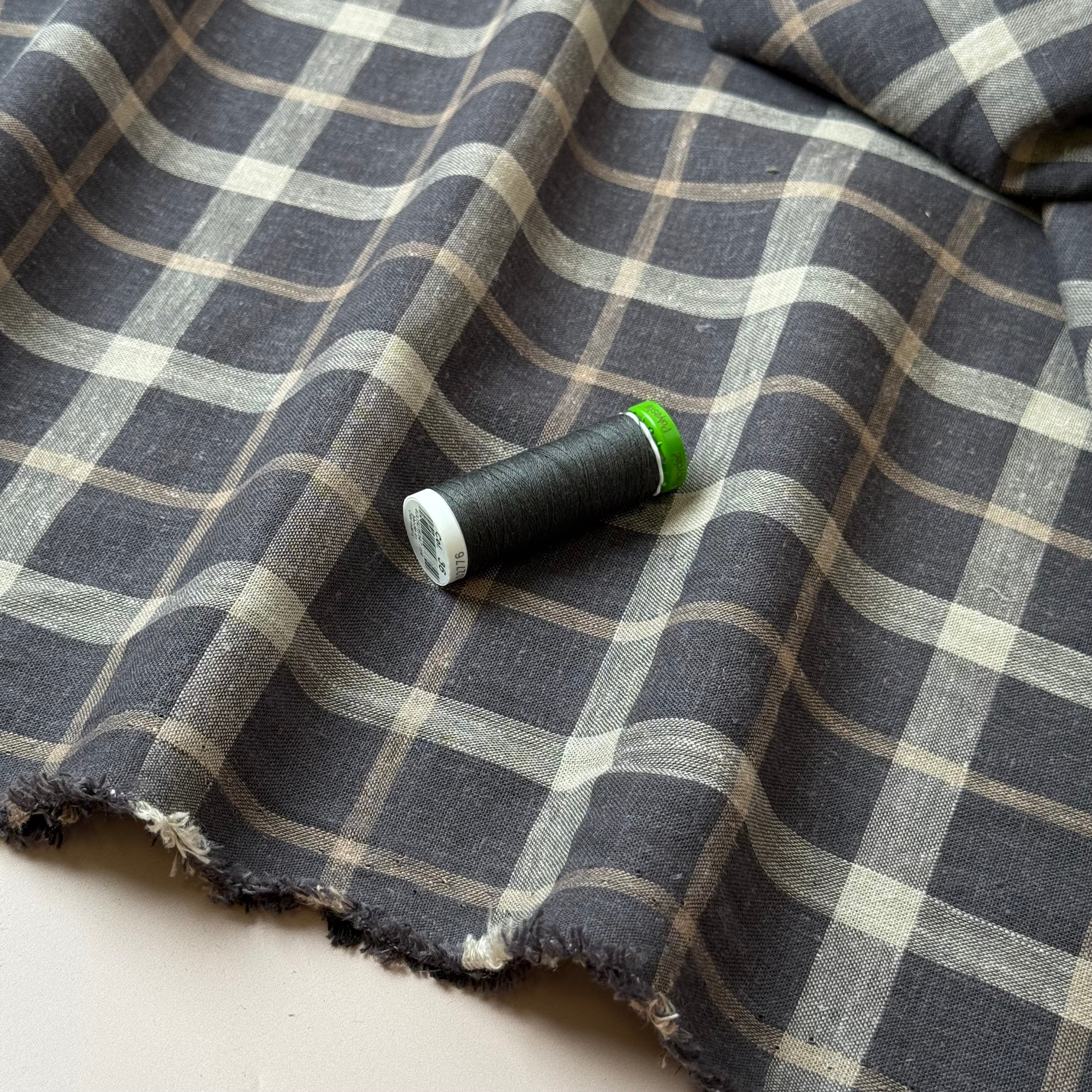 Yarn Dyed Brown Checks Linen Viscose Fabric - Image 3