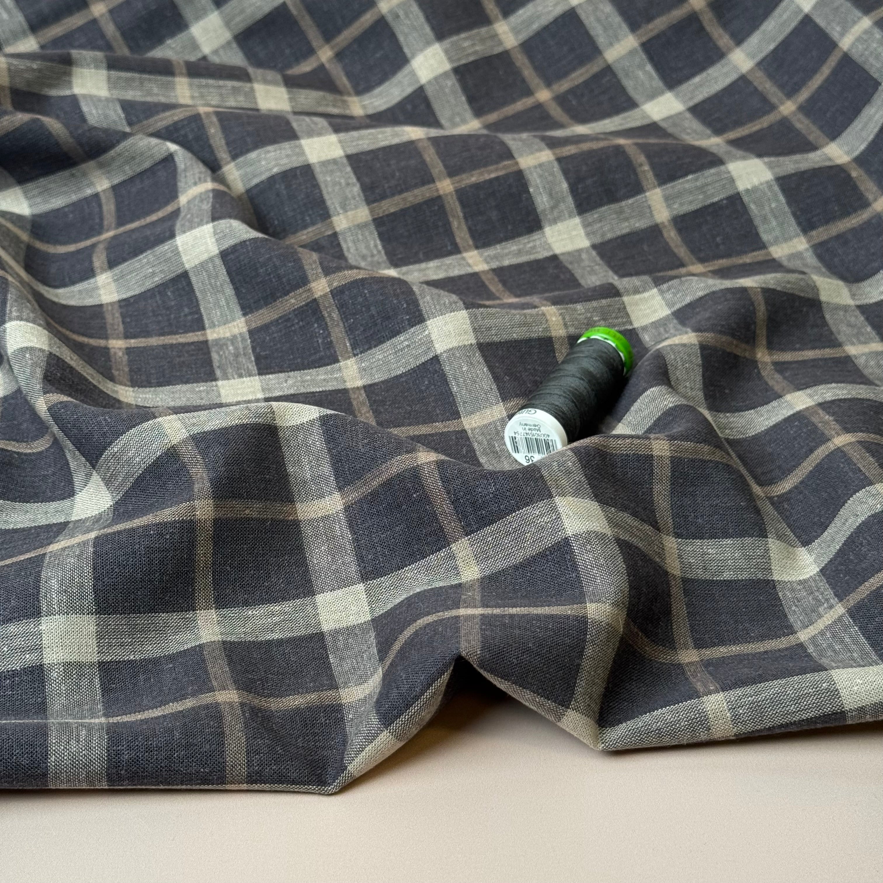 Yarn Dyed Brown Checks Linen Viscose Fabric - Image 4
