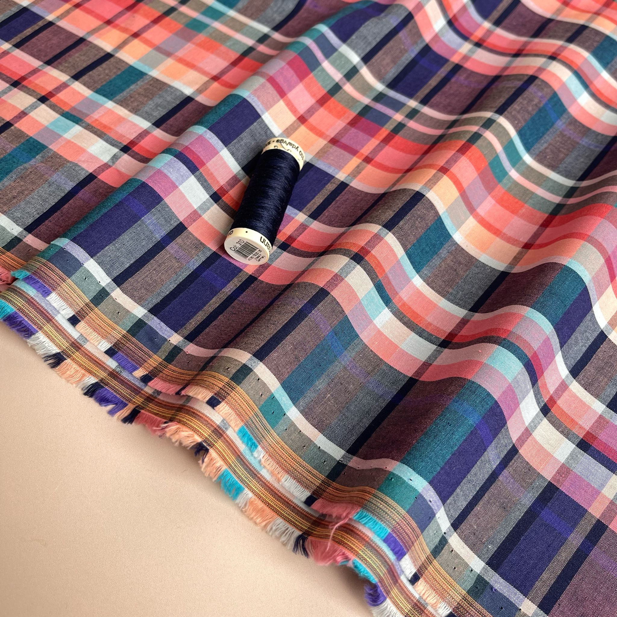 Yarn Dyed Checks in Coral and Blue Cotton Fabric - Image 6