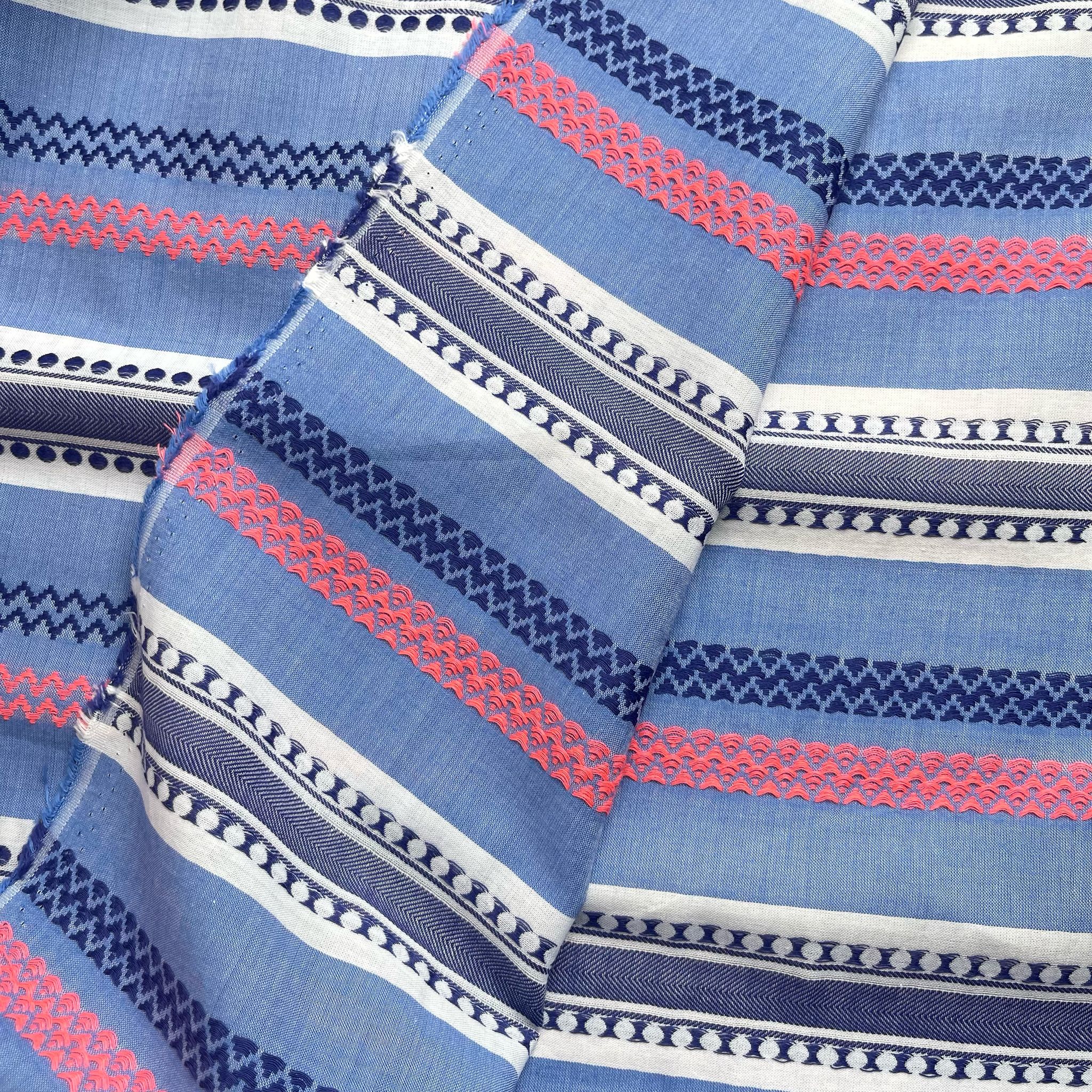 Yarn Dyed Embroidered Stripes on Blue Cotton Fabric - Image 4