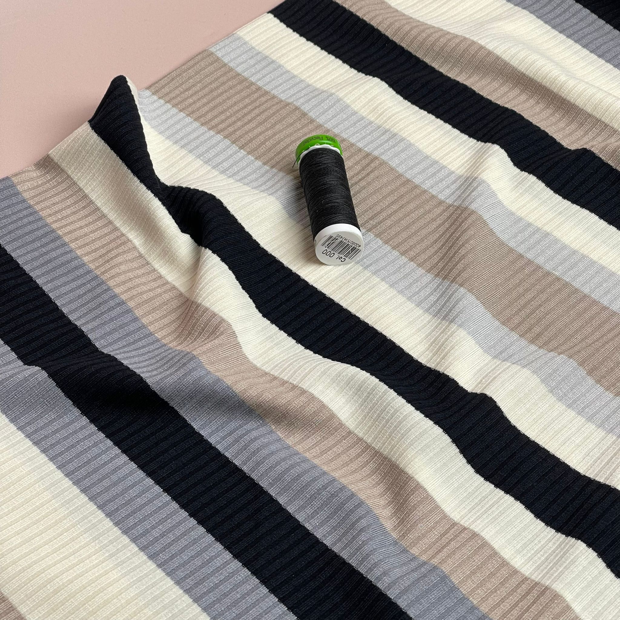 REMNANT 2.10 Metres (with small hole) - Yarn Dyed Neutrals Striped Cotton Ribbed Jersey