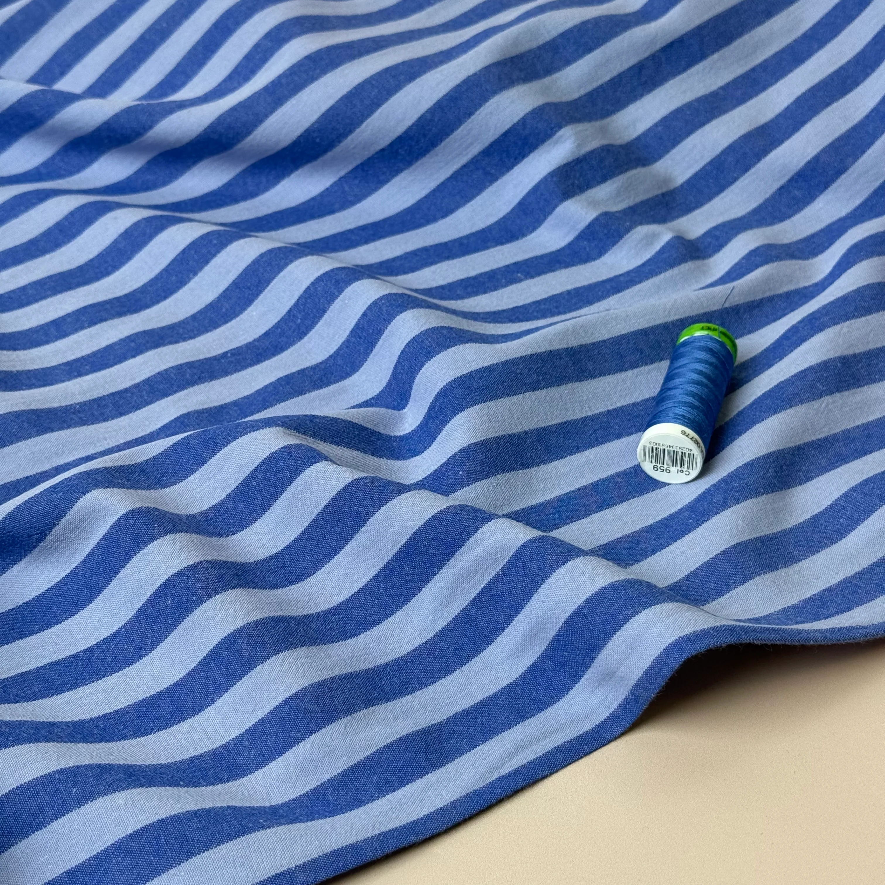 Yarn Dyed Periwinkle Stripes Washed Cotton Fabric - Image 2